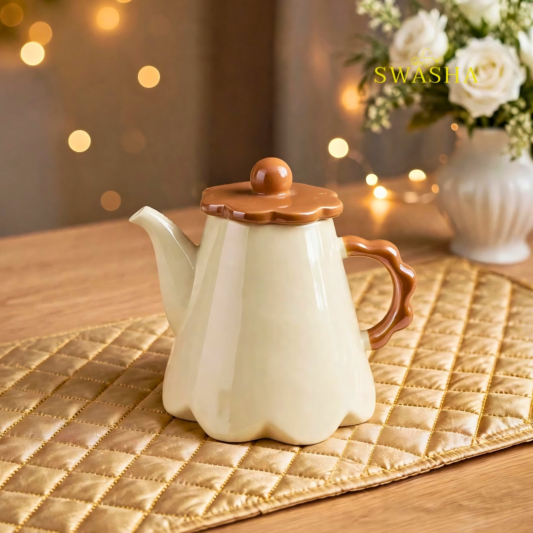 Swasha caramel mocha 8 pcs revolving tea set beige ceramic brown flower lid wavy handle kettle 5 cups revolving tray with floral gift box