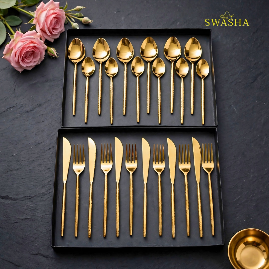 Swasha Luxury Cutlery Set 24 Pieces - Swasha Gold Hammered Spoon Fork Knife Set