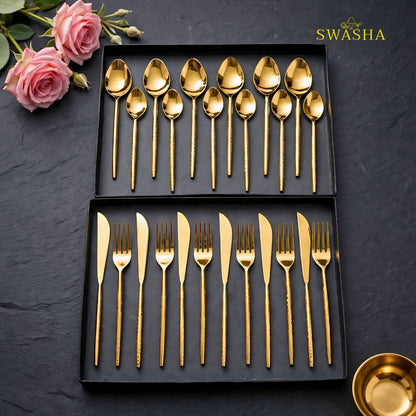 Swasha Luxury Cutlery Set 24 Pieces - Swasha Gold Hammered Spoon Fork Knife Set