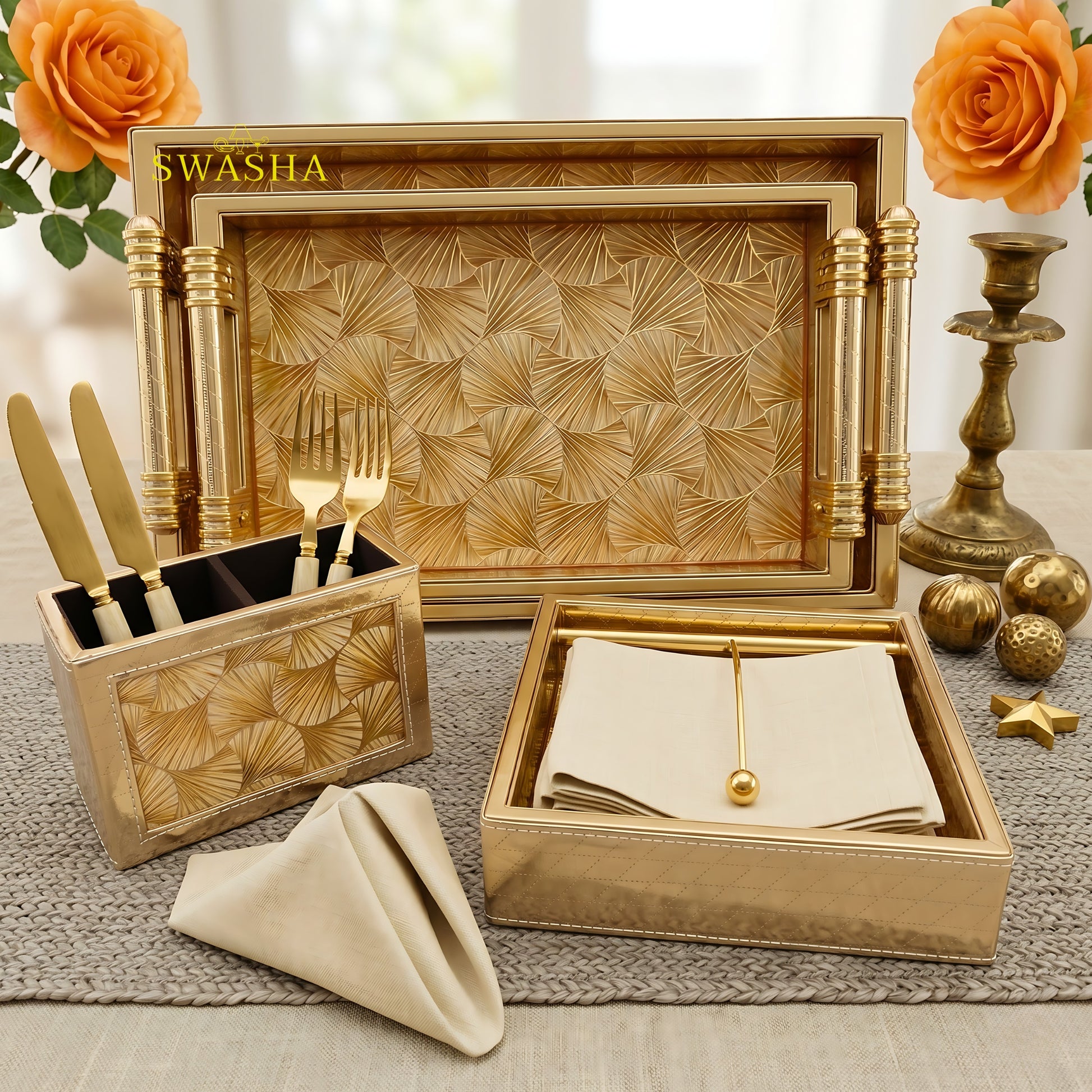 Swasha Glossy Leatherette Serving Tray Set of 4 with Cutlery Stand and Tissue Holder on Dining Table