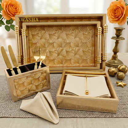 Swasha Glossy Leatherette Serving Tray Set of 4 with Cutlery Stand and Tissue Holder on Dining Table