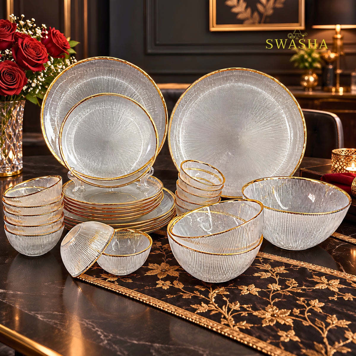 Swasha 28 pcs crystal clear transparent Turkish glass dinner set with gold rim and 13 inch rice plate