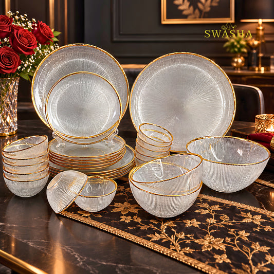 Swasha 28 pcs crystal clear transparent Turkish glass dinner set with gold rim and 13 inch rice plate