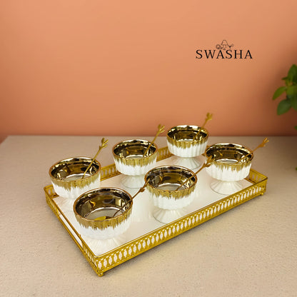Elegant Ceramic Ice Cream Cup Set of 6 with Matching Spoons & Tray by Swasha