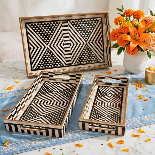 Swasha Monochrome Geo Set of 3 MDF Tray | Black White Geometric Decorative Serving Tray Set | MOP Finish
