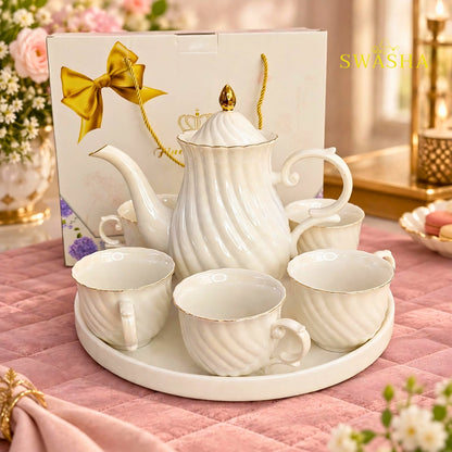 Swasha royal white swirl 8 pcs revolving tea set premium porcelain kettle 6 cups gold rim revolving tray with gift box