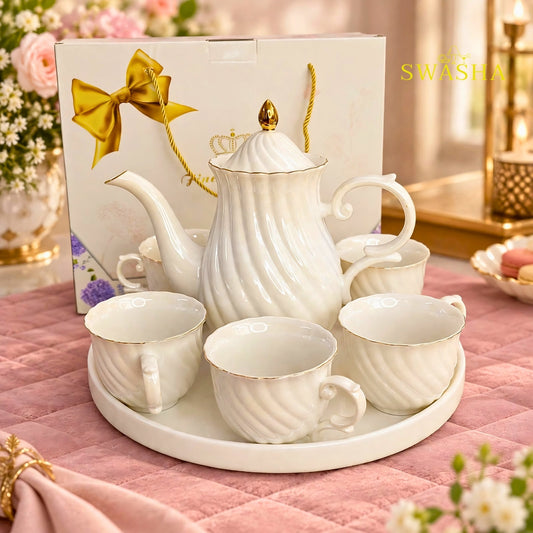 Swasha royal white swirl 8 pcs revolving tea set premium porcelain kettle 6 cups gold rim revolving tray with gift box