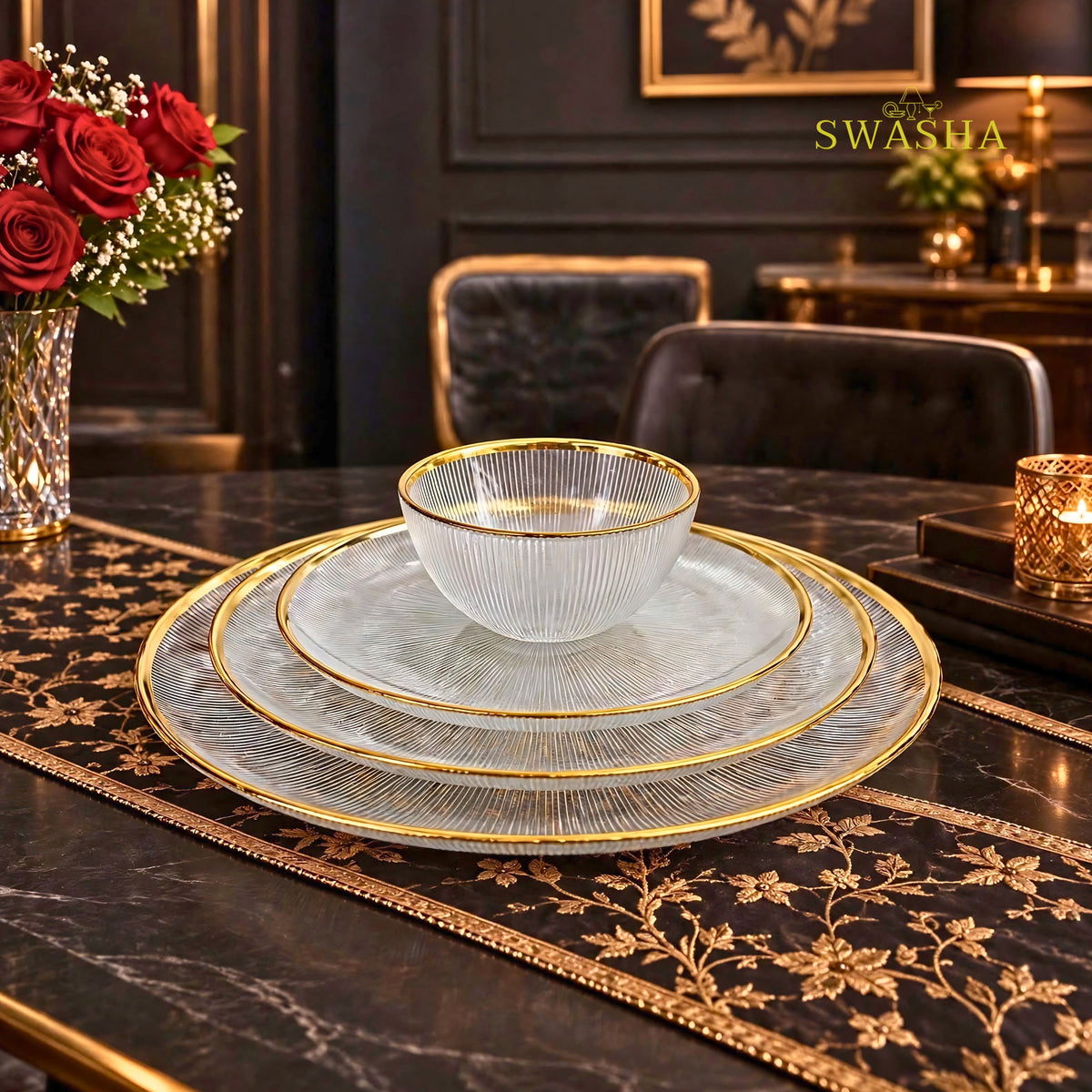 Swasha 28 Pcs Turkish Glass Dinner Set For 6 With Rice Plate | Transparent Clear Glass Dinner Set With Gold Rim