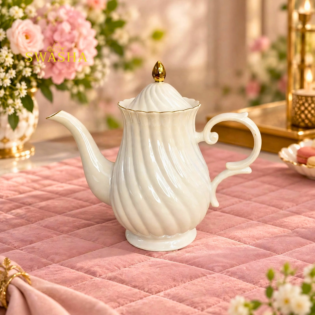 Swasha royal white swirl 8 pcs revolving tea set premium porcelain kettle 6 cups gold rim revolving tray with gift box