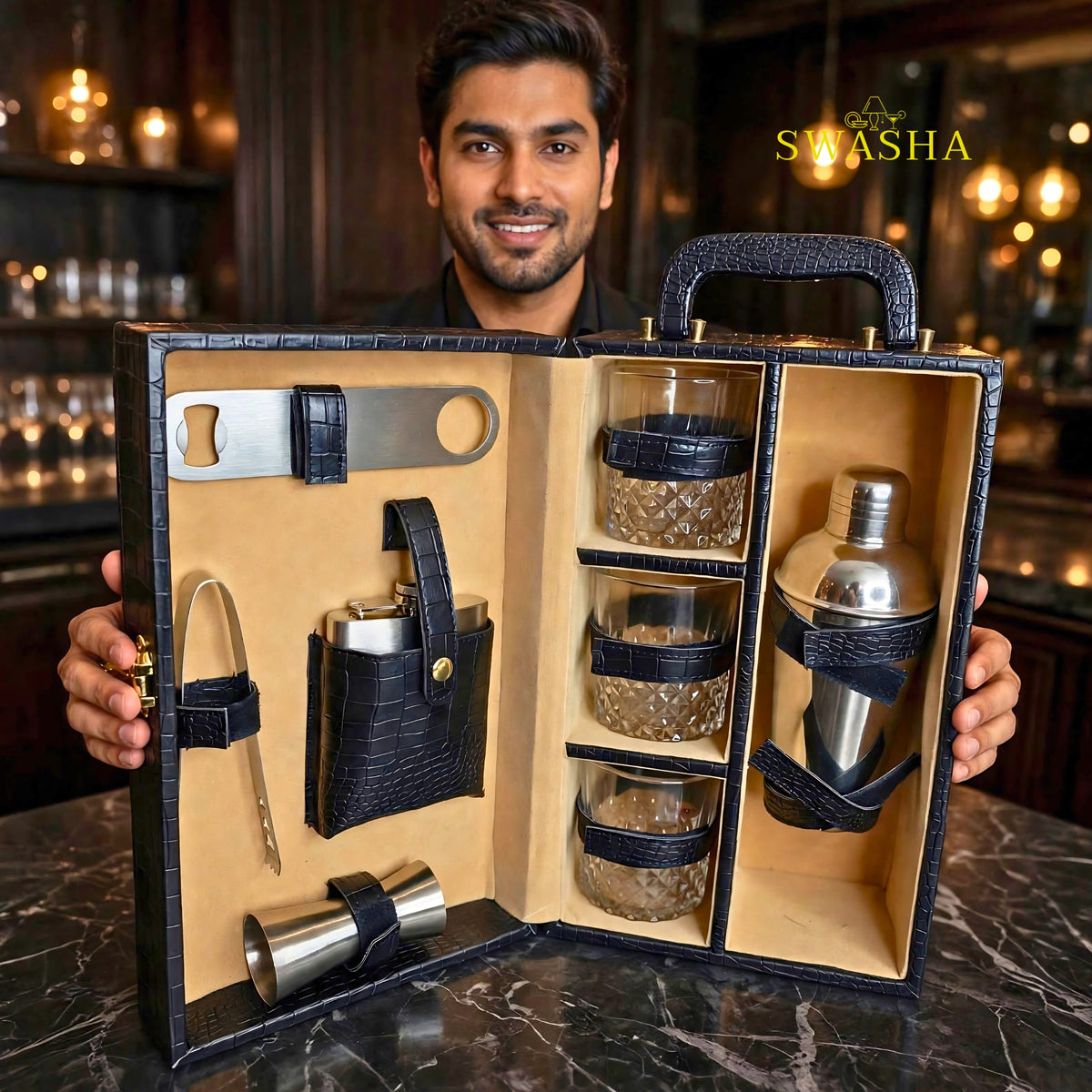 SWASHA 3 Glass Portable Bar Set With Opener | Set of 8 Piece