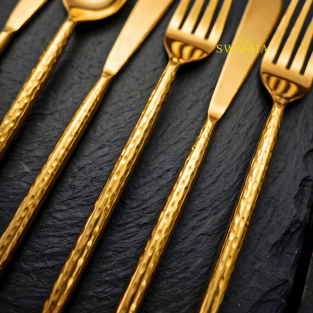Swasha Luxury Cutlery Set 24 Pieces - Swasha Gold Hammered Spoon Fork Knife Set