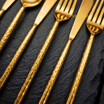 Swasha Luxury Cutlery Set 24 Pieces - Swasha Gold Hammered Spoon Fork Knife Set