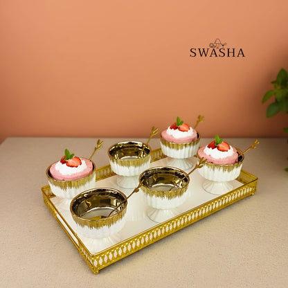 Elegant Ceramic Ice Cream Cup Set of 6 with Matching Spoons & Tray by Swasha