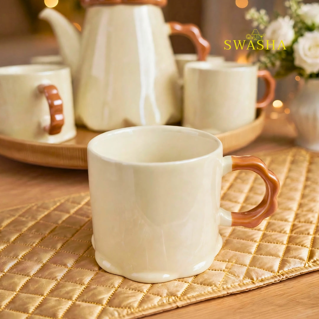 Swasha caramel mocha 8 pcs revolving tea set beige ceramic brown flower lid wavy handle kettle 5 cups revolving tray with floral gift box