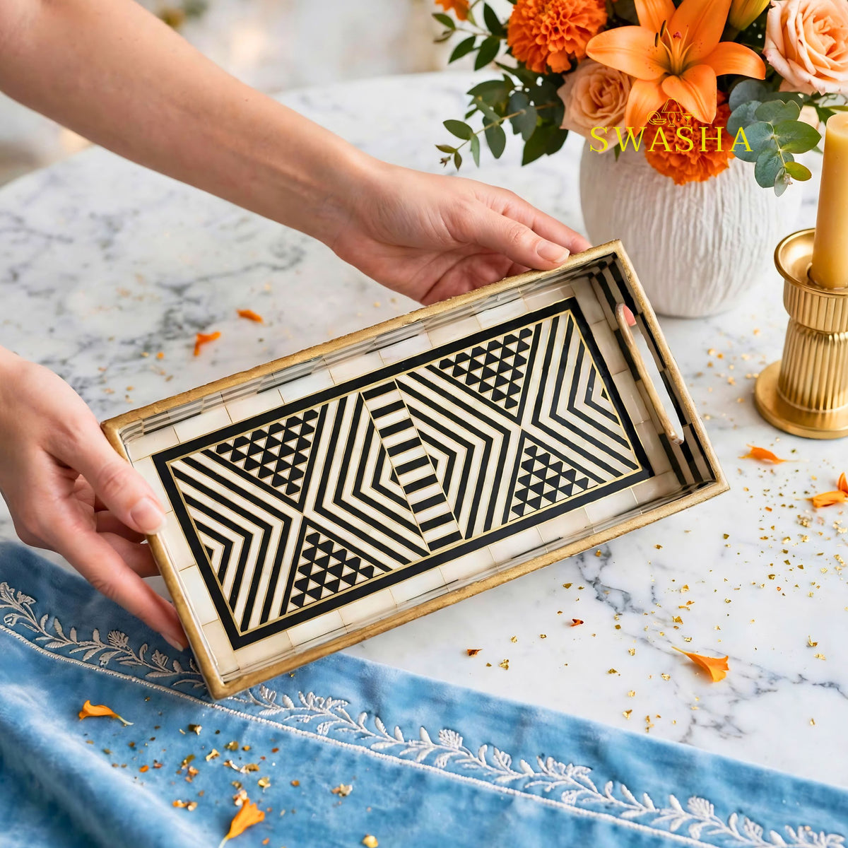 Swasha Monochrome Geo Set of 3 MDF Tray | Black White Geometric Decorative Serving Tray Set | MOP Finish