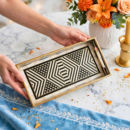 Swasha Monochrome Geo Set of 3 MDF Tray | Black White Geometric Decorative Serving Tray Set | MOP Finish