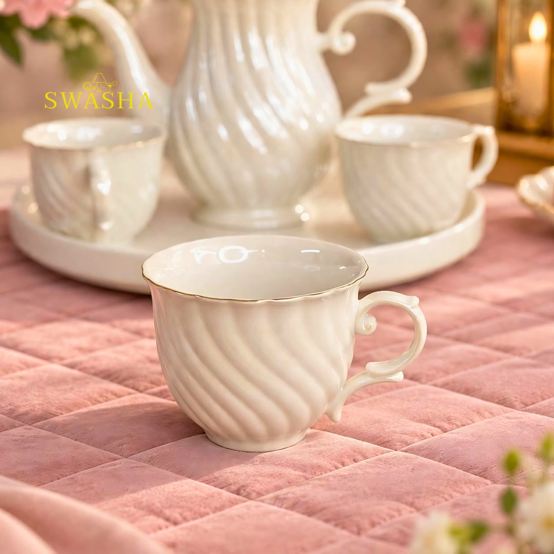 Swasha royal white swirl 8 pcs revolving tea set premium porcelain kettle 6 cups gold rim revolving tray with gift box