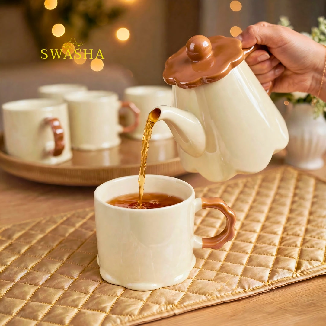 Swasha caramel mocha 8 pcs revolving tea set beige ceramic brown flower lid wavy handle kettle 5 cups revolving tray with floral gift box
