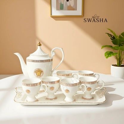 Swasha Porcelain Tea Set – 1 Kettle, 6 Cups & Tray | Perfect for Gifting