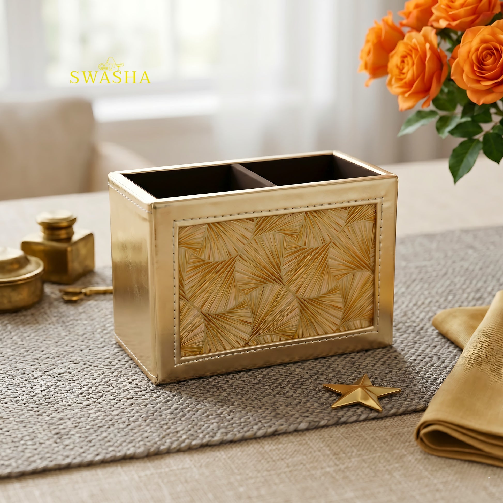 Swasha Glossy Leatherette Serving Tray Set of 4 with Cutlery Stand and Tissue Holder on Dining Table