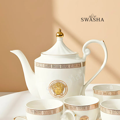 Swasha Porcelain Tea Set – 1 Kettle, 6 Cups & Tray | Perfect for Gifting