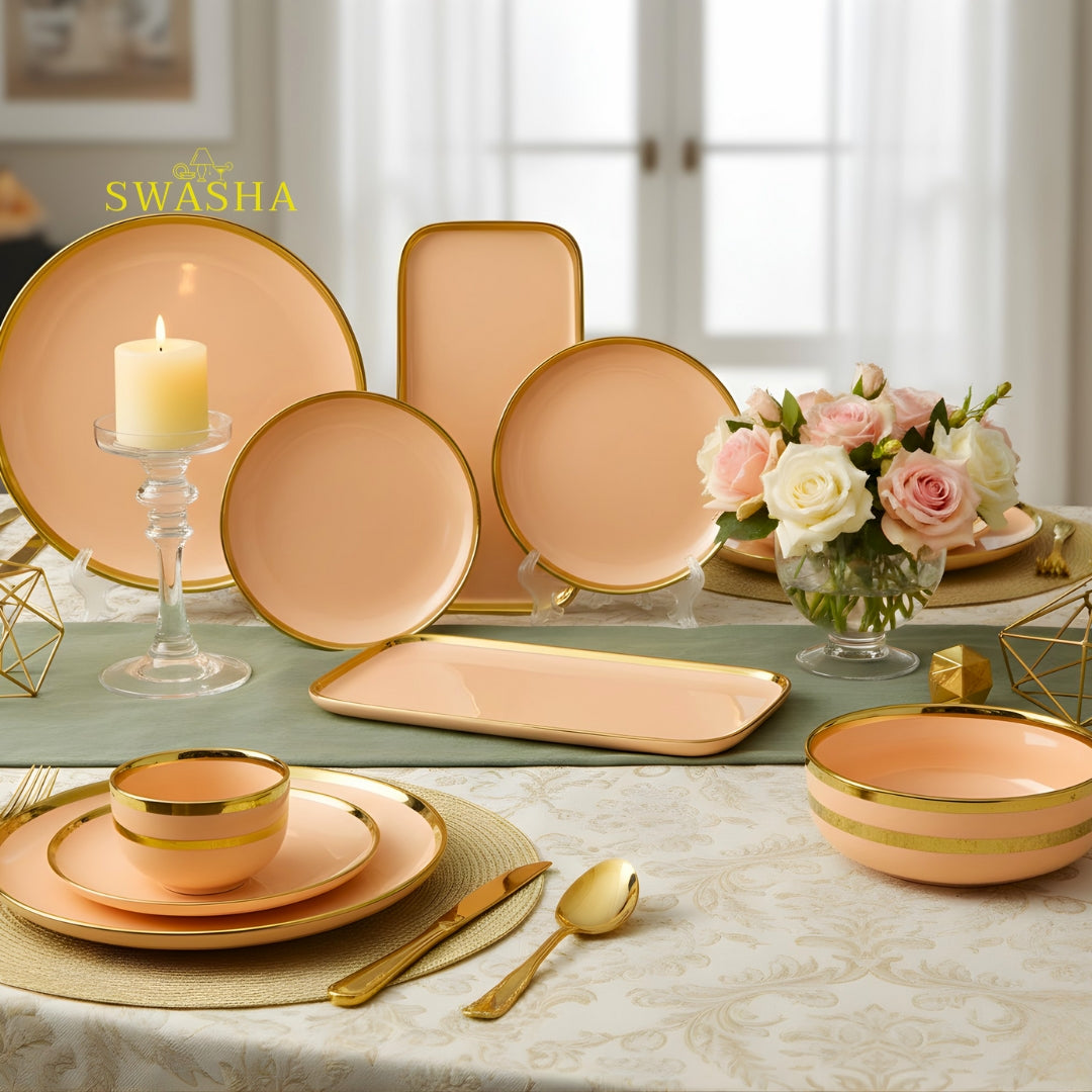 SWASHA Porcelain Dinner Set of 28 Pieces (Glossy Peach Golden)
