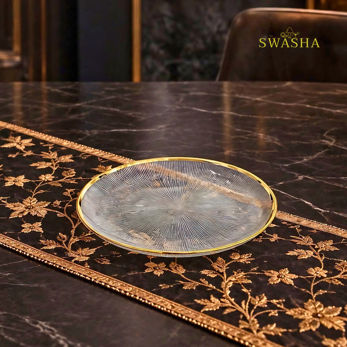 Swasha 28 Pcs Turkish Glass Dinner Set For 6 With Rice Plate | Transparent Clear Glass Dinner Set With Gold Rim