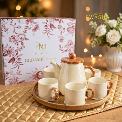 Swasha caramel mocha 8 pcs revolving tea set beige ceramic brown flower lid wavy handle kettle 5 cups revolving tray with floral gift box