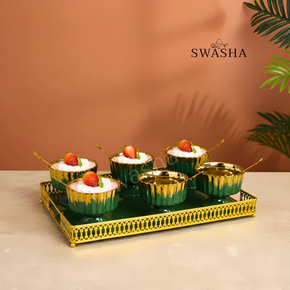 Elegant Ceramic Ice Cream Cup Set of 6 with Matching Spoons & Tray by Swasha