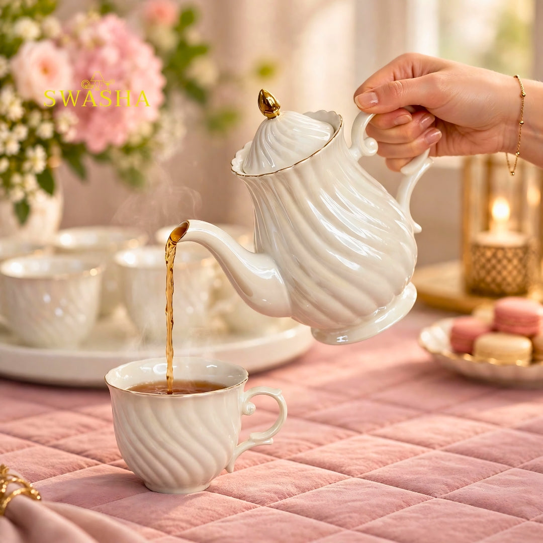 Swasha royal white swirl 8 pcs revolving tea set premium porcelain kettle 6 cups gold rim revolving tray with gift box