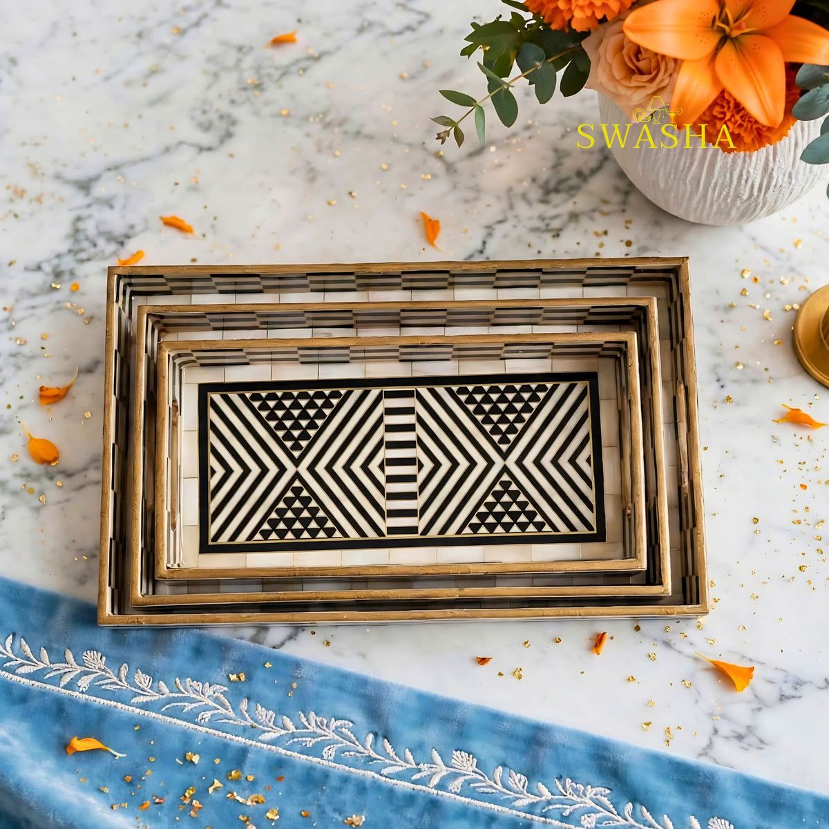 Swasha Monochrome Geo Set of 3 MDF Tray | Black White Geometric Decorative Serving Tray Set | MOP Finish