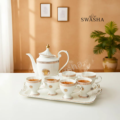 Swasha Porcelain Tea Set – 1 Kettle, 6 Cups & Tray | Perfect for Gifting