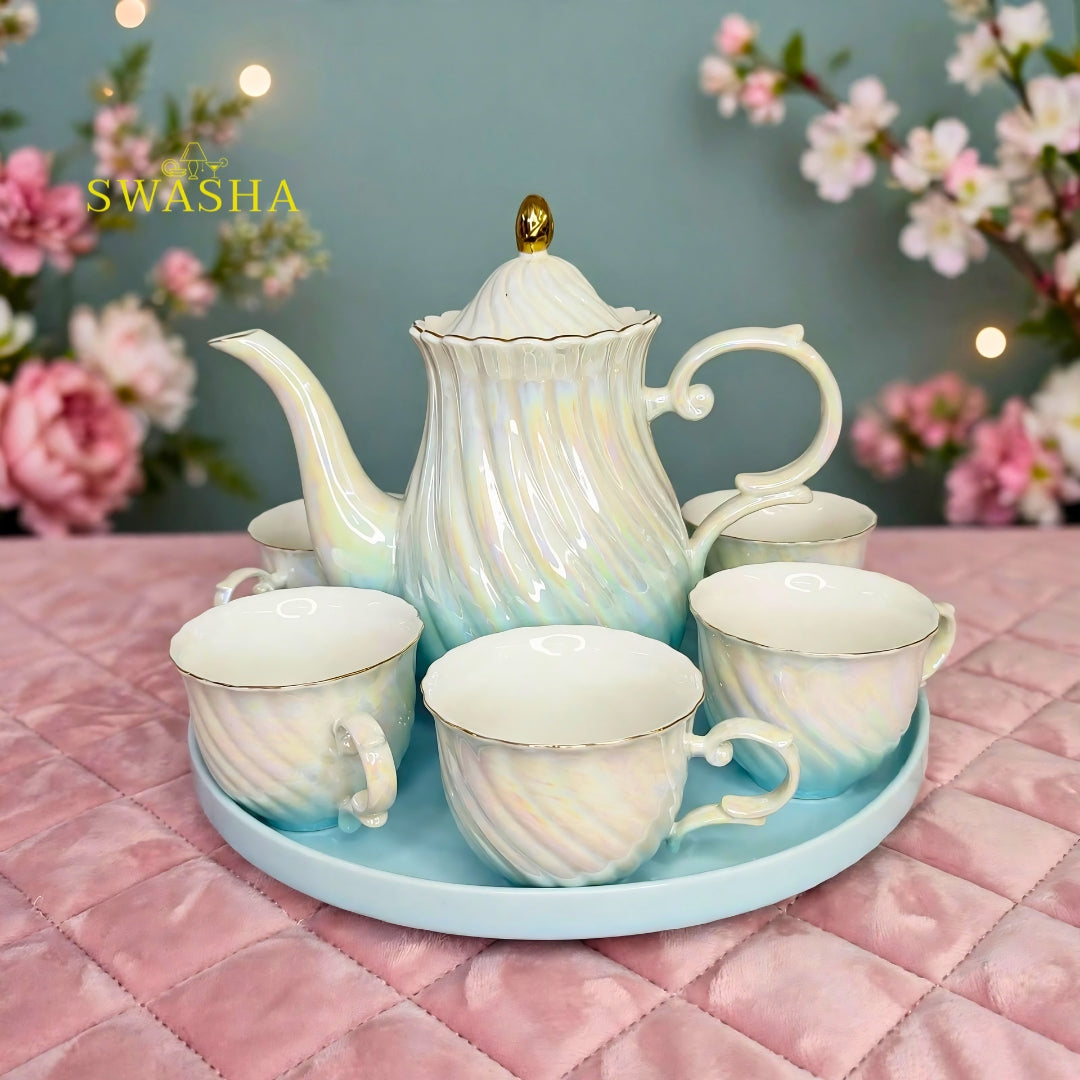 Swasha aqua swirl rainbow iridescent 8 pcs revolving tea set kettle 6 cups revolving tray with gift box