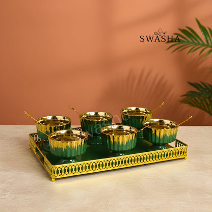 Elegant Ceramic Ice Cream Cup Set of 6 with Matching Spoons & Tray by Swasha