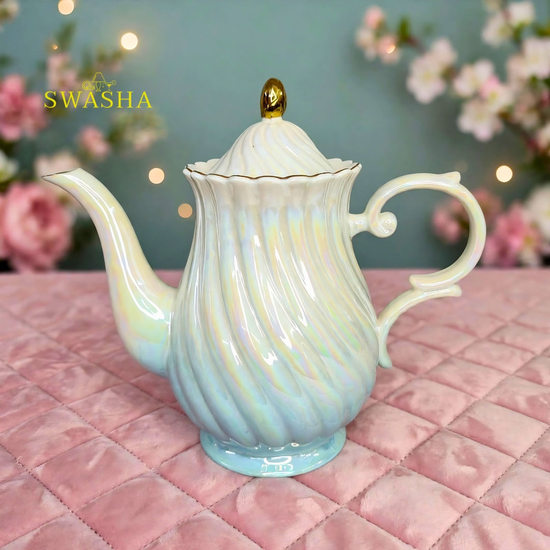 Swasha aqua swirl rainbow iridescent 8 pcs revolving tea set kettle 6 cups revolving tray with gift box