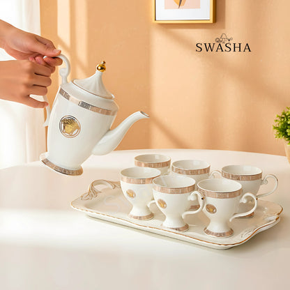 Swasha Porcelain Tea Set – 1 Kettle, 6 Cups & Tray | Perfect for Gifting