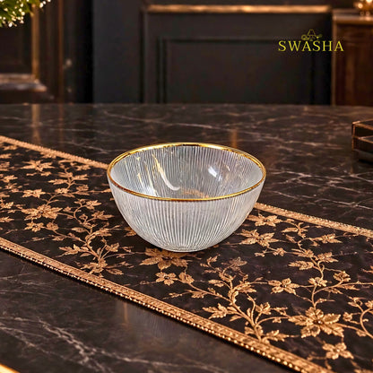 Swasha 28 Pcs Turkish Glass Dinner Set For 6 With Rice Plate | Transparent Clear Glass Dinner Set With Gold Rim
