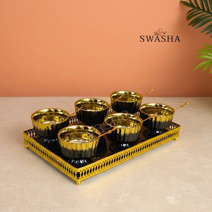 Elegant Ceramic Ice Cream Cup Set of 6 with Matching Spoons & Tray by Swasha