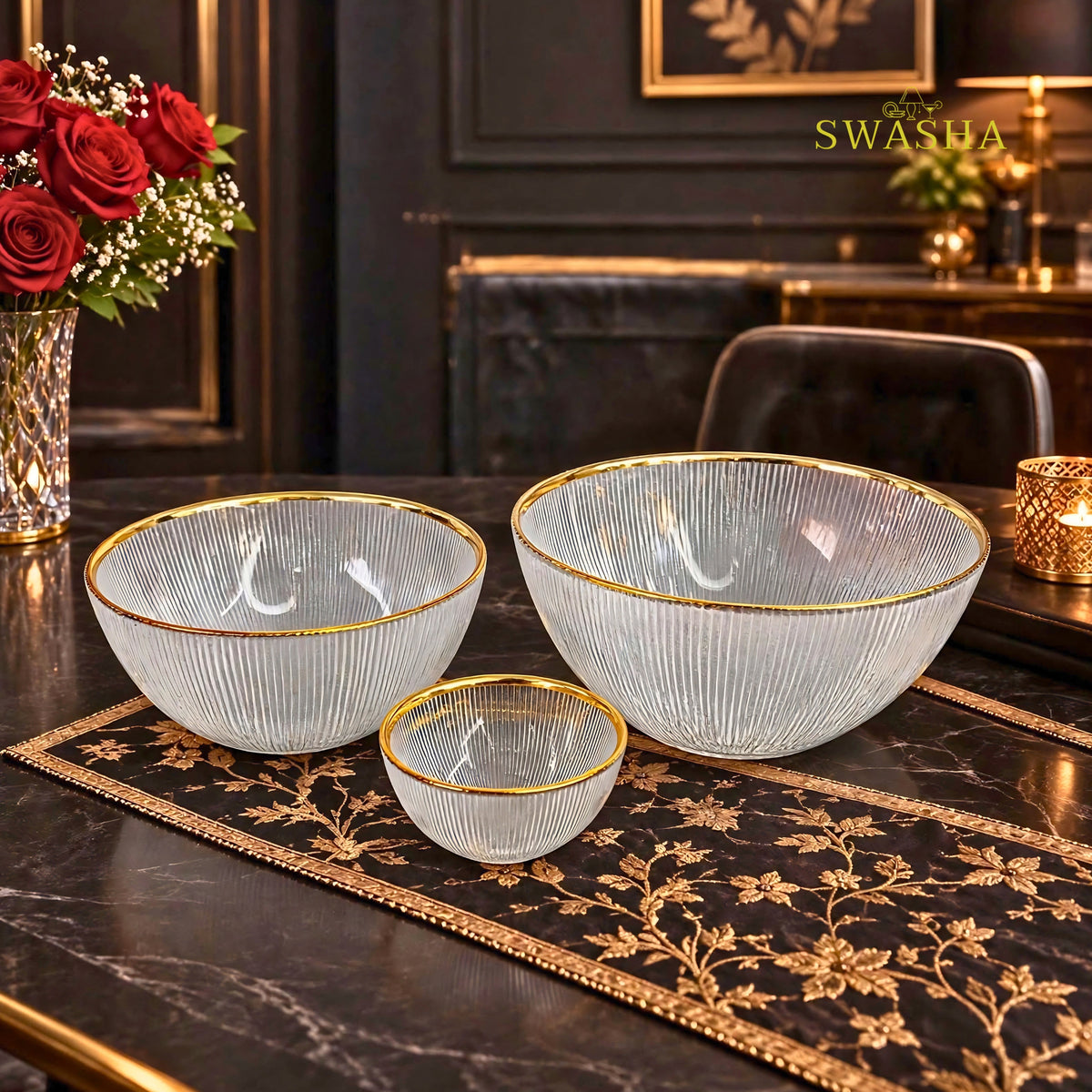 Swasha 28 Pcs Turkish Glass Dinner Set For 6 With Rice Plate | Transparent Clear Glass Dinner Set With Gold Rim