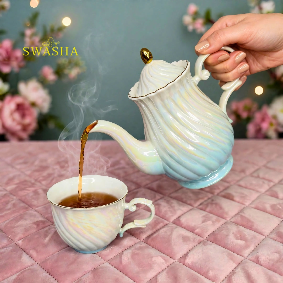 Swasha aqua swirl rainbow iridescent 8 pcs revolving tea set kettle 6 cups revolving tray with gift box