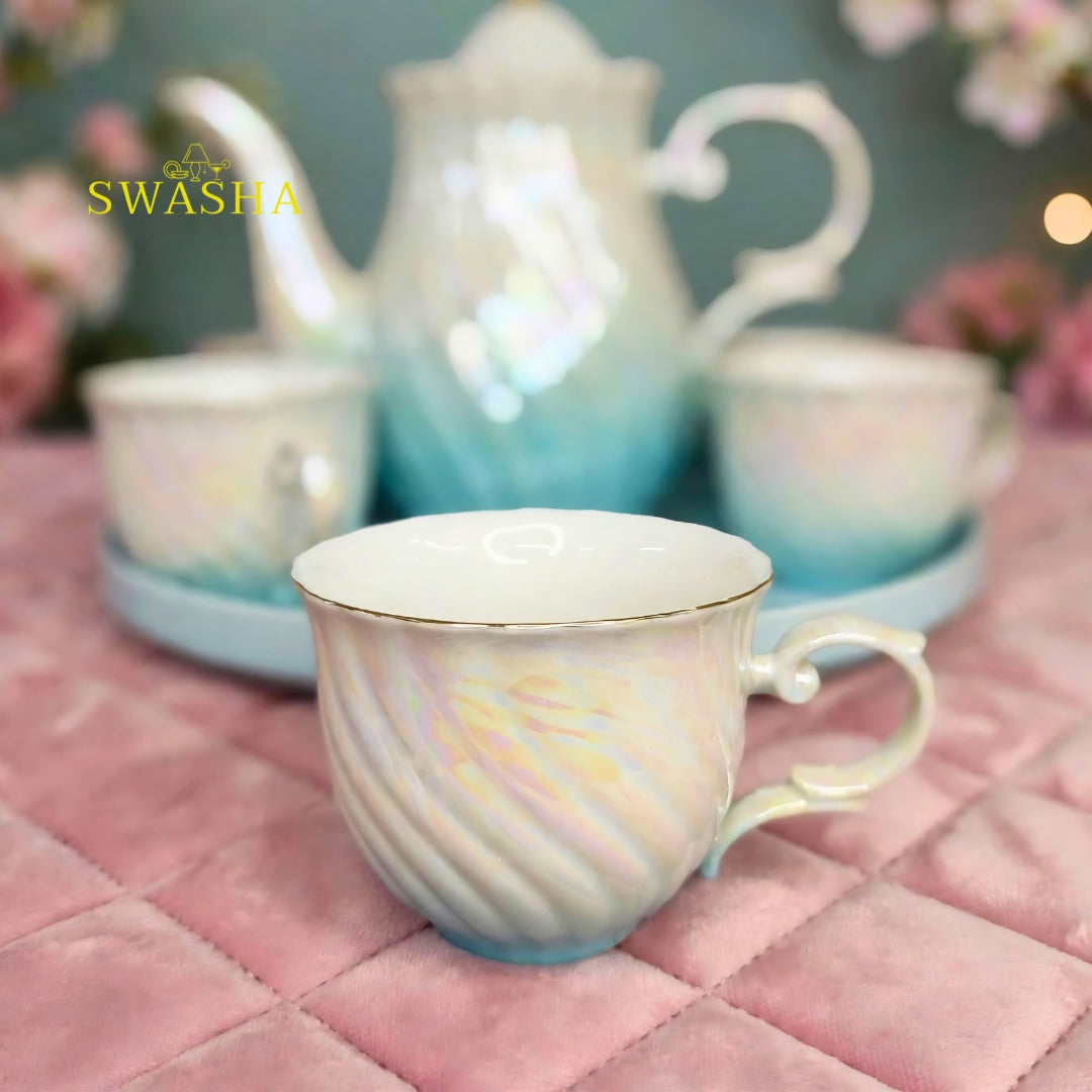 Swasha aqua swirl rainbow iridescent 8 pcs revolving tea set kettle 6 cups revolving tray with gift box
