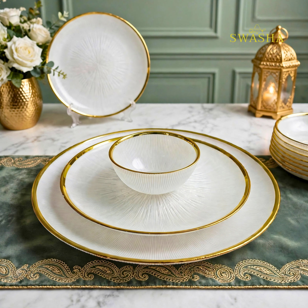 Swasha 28 Pcs Turkish Glass Dinner Set For 6 With Rice Plate | White & Gold Glass Dinner Set | Luxury Dinnerware