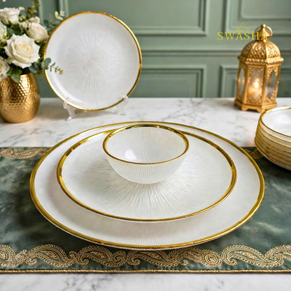 Swasha 28 Pcs Turkish Glass Dinner Set For 6 With Rice Plate | White & Gold Glass Dinner Set | Luxury Dinnerware