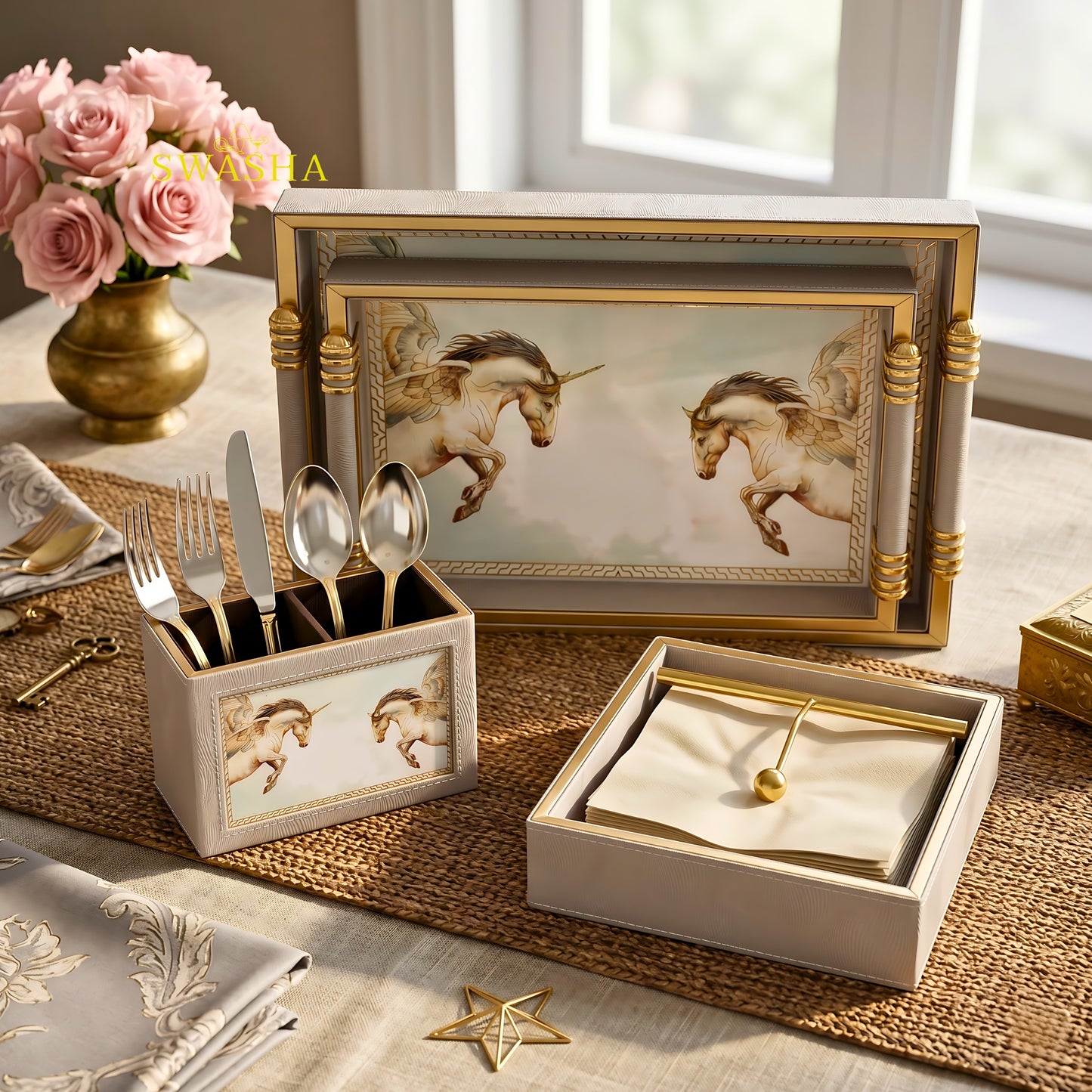 Swasha Leatherette Serving Tray Set of 4 with Cutlery Stand and Tissue Holder on Dining Table