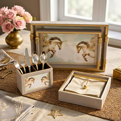 Swasha Leatherette Serving Tray Set of 4 with Cutlery Stand and Tissue Holder on Dining Table