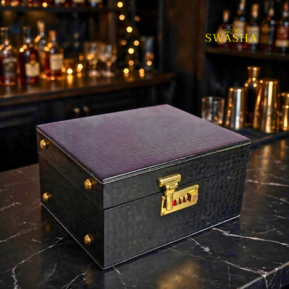 swasha black croco portable bar box open with liquor bottle 2 whiskey glasses hip flask jigger and tong