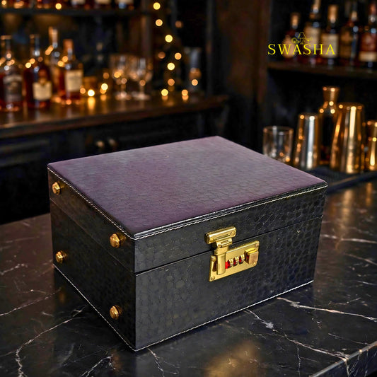 swasha black croco portable bar box open with liquor bottle 2 whiskey glasses hip flask jigger and tong