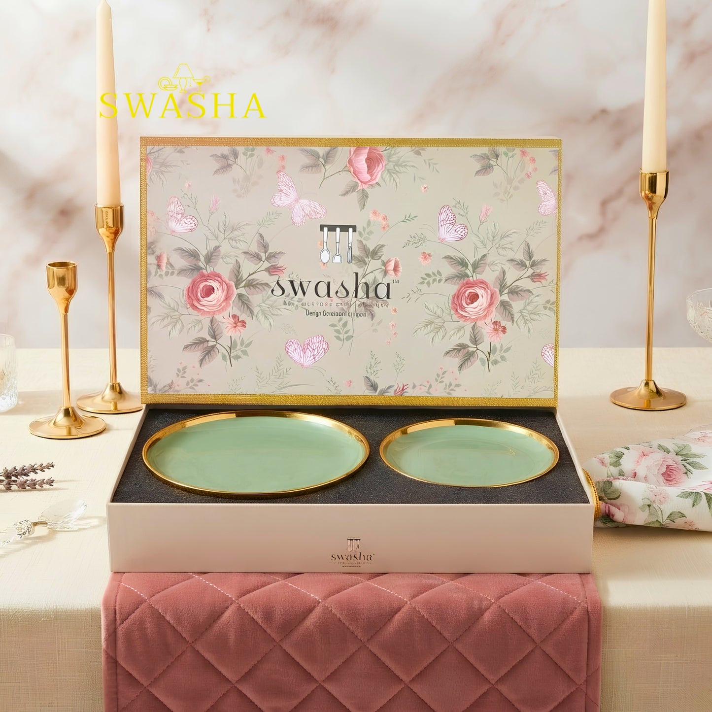 Swasha 7 Piece Quarter Plate Set - Premium Porcelain Snack Plates for Serving | Pale Green