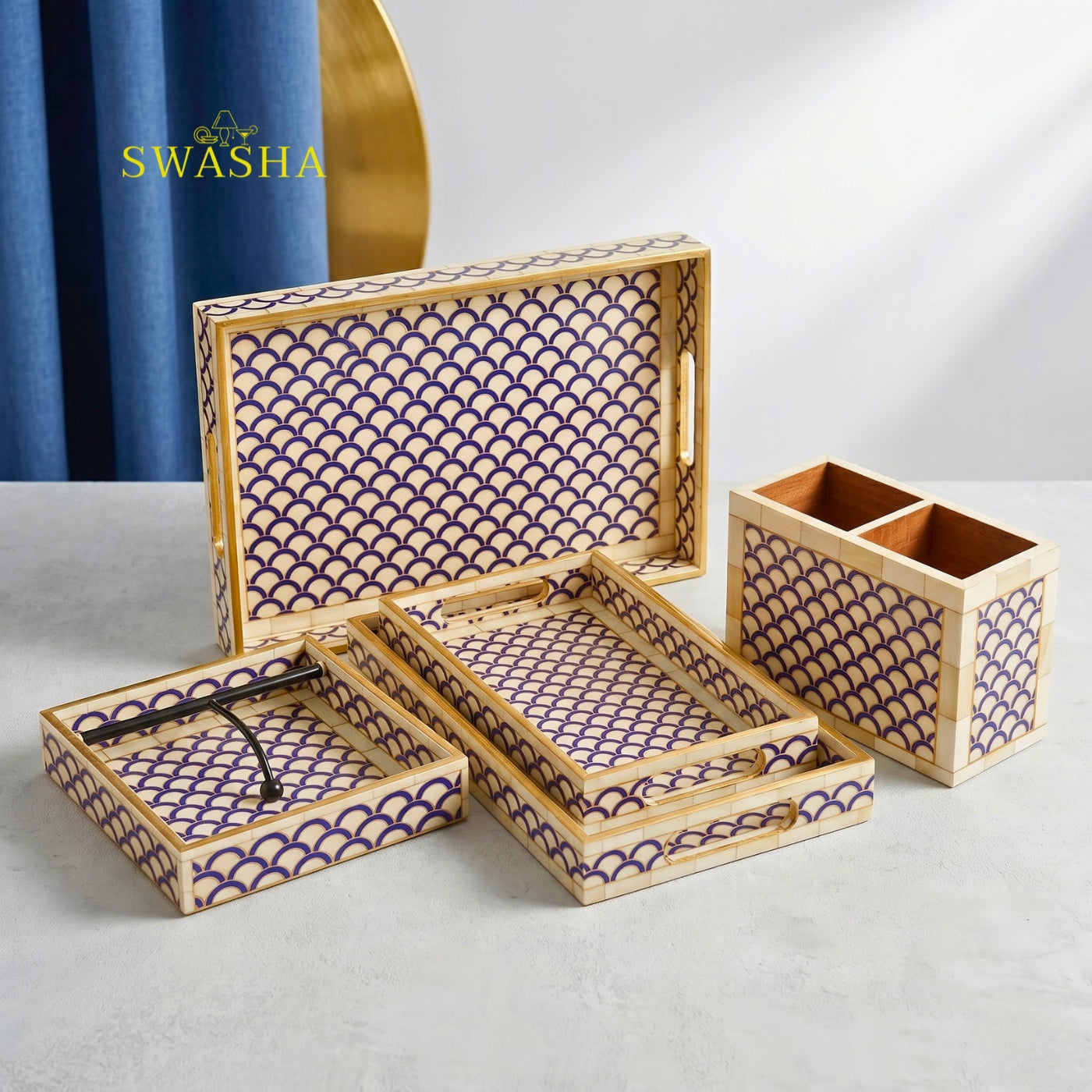 Swasha MDF Serving Tray Set of 3 with Tissue Holder and Cutlery Stand – 5-Piece Resin Finish Combo for Home and Kitchen