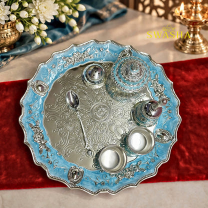 SWASHA Blue German Silver Pooja Thali Set - 7 Piece | For Diwali, Karwa Chauth, Housewarming & Wedding Gift